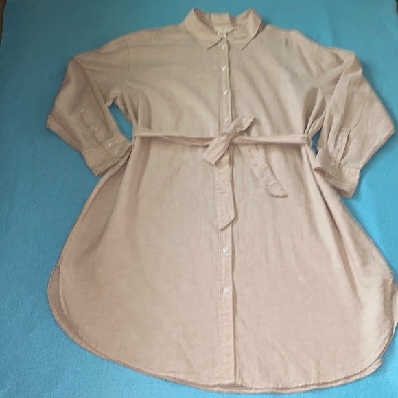 H&M linen blend shirt dress button up belted long sleeve rounded hem NEW size XL - Picture 3 of 13